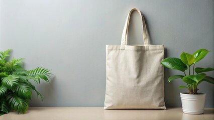 A simple, natural, and sustainable canvas tote bag leans against a wall, accompanied by a potted plant with lush green leaves.