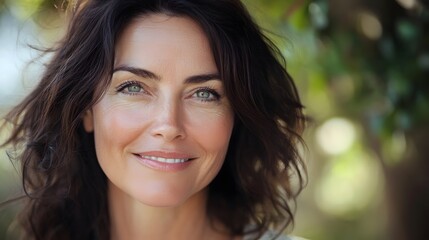 Active beautiful middle-aged woman smiling friendly and looking in camera. Woman's face closeup. Realistic images without retouching with their own imperfections. Selective focus. 