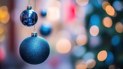 Fototapeta premium Sparkling Blue Christmas Ornaments Hanging Against a Blurred Background