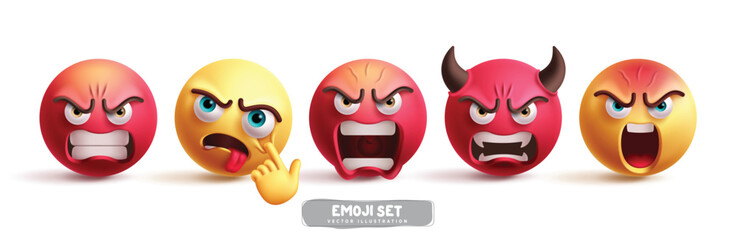 Emoji demon characters vector set. Emojis emoticon character icon collection in evil, annoyed, shouting, cruel and scream facial expressions in white background. Vector illustration graphic design 