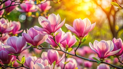 Obraz premium Pink Magnolia Blooms Bathed in Warm Sunlight, Delicate Petals Unfurling in a Symphony of Springtime Beauty