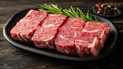 Butcher presenting Wagyu beef cuts, showcasing marbling and freshness