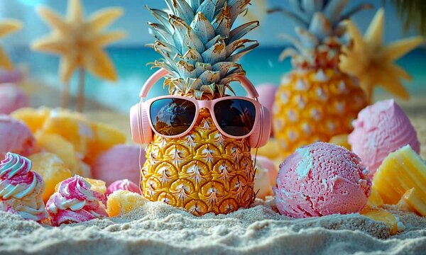 A fun, vibrant pineapple wearing sunglasses and headphones on sand.