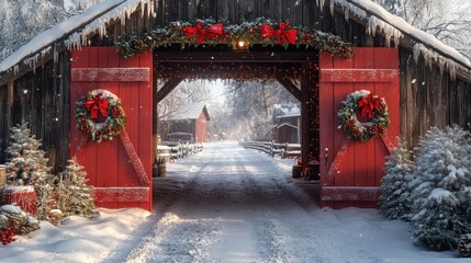 Winter Wonderland Barn with Red Doors