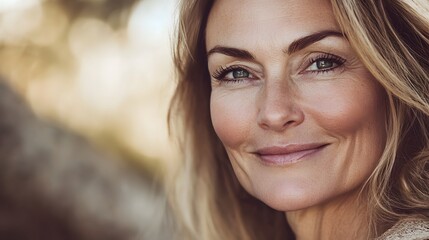 Fototapeta premium Active beautiful middle-aged woman smiling friendly and looking in camera. Woman's face closeup. Realistic images without retouching with their own imperfections. Selective focus. 