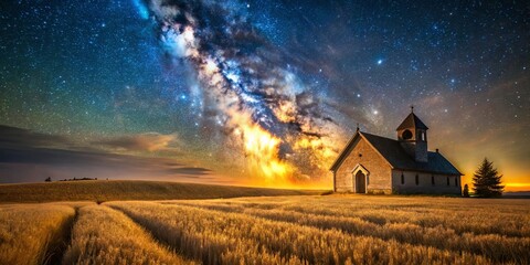 Fototapeta premium A solitary church stands on a field of golden wheat, a breathtaking spectacle of the night sky above, with a captivating display of stars and the majestic Milky Way