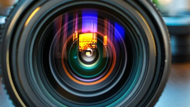 A camera lens positioned on a wooden surface, reflecting light and colors footage