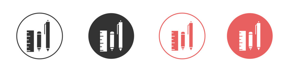 Ruler, pencil and pen icon Flat set in black and white color