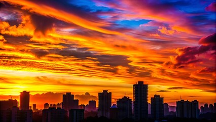 Obraz premium Silhouettes of a city skyline against a dramatic sky, with swirling clouds illuminated by a fiery orange sunset.