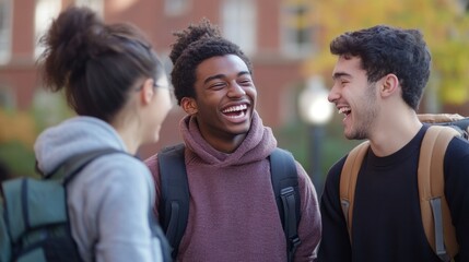Fototapeta premium College friends enjoying a casual moment on campus, laughing together