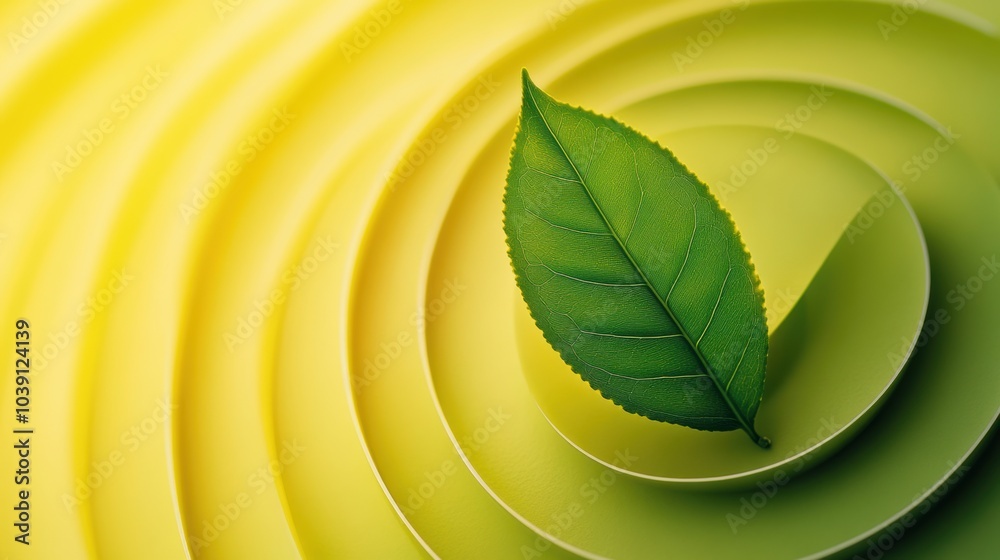 Aufkleber a solitary tea leaf is placed atop circular yellow plates, showcasing simplicity and harmony in desi