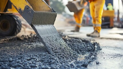 Naklejka premium Concrete mixing and pouring process with workers operating machinery on site