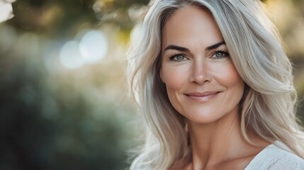 Fototapeta premium Active beautiful middle-aged woman smiling friendly and looking in camera. Woman's face closeup. Realistic images without retouching with their own imperfections. Selective focus. 