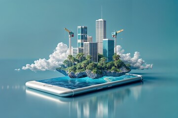 A surreal scene of a futuristic city being constructed on a smartphone, symbolizing digital innovation, technology integration, and smart cities..