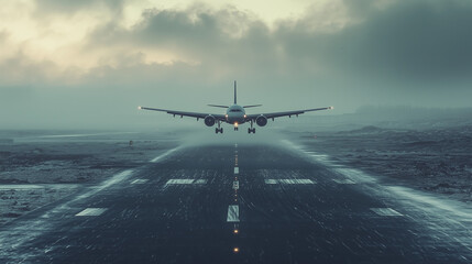 A passenger plane touches down through dense fog on a snow-covered runway