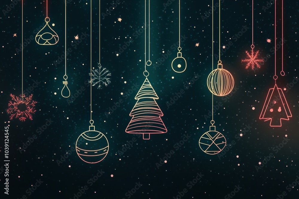 Poster glowing minimalist silhouettes of christmas trees and ornaments hang against a dark background adorn