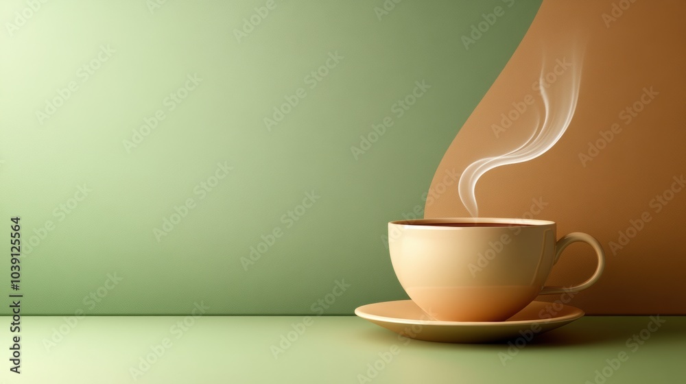 Poster A steaming tea cup sits on its saucer, exuding gentle wisps of steam in a tranquil environment with soft hues. Generative AI