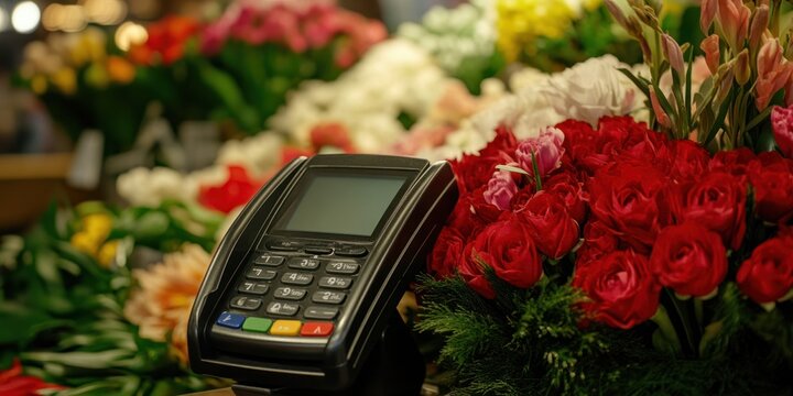 Credit card reader at a florist shop, processing a floral purchase