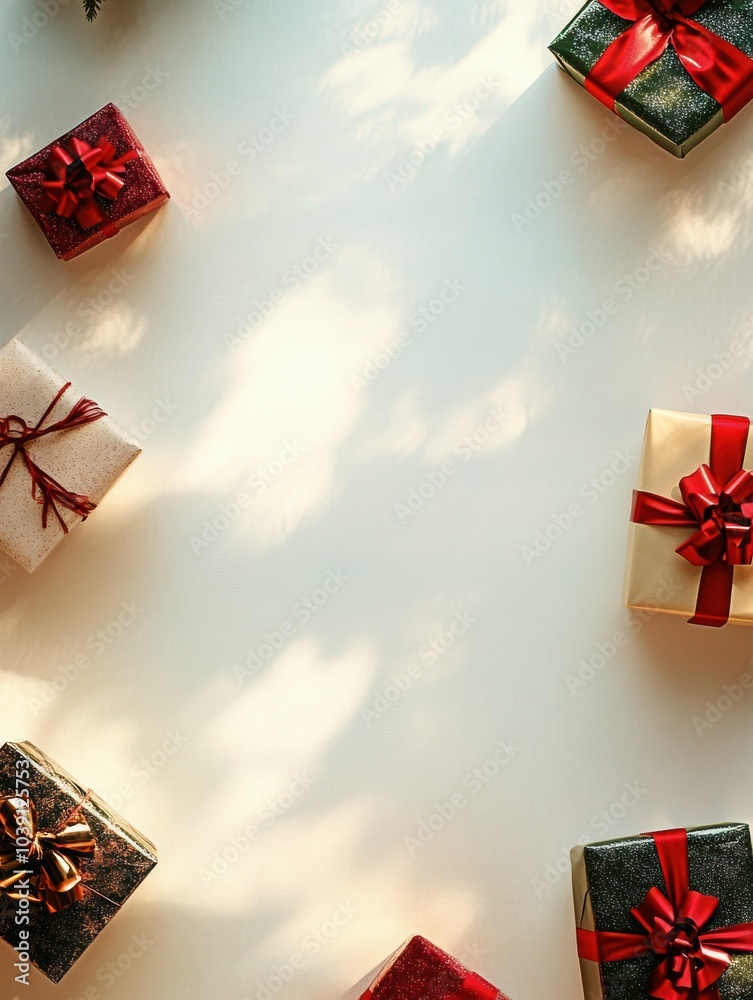 Poster silhouettes of colorful gift boxes with bows scattered on a light background, creating a festive atm
