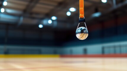 A volleyball referee's whistle with lanyard, indoor setting on a volleyball court, Functional style