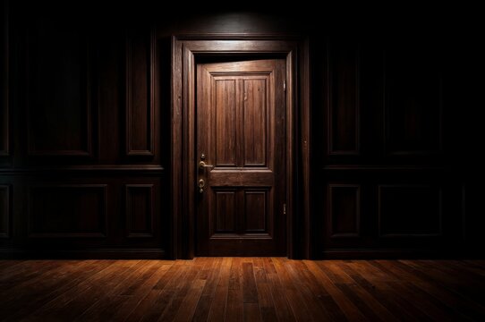 A mysterious dark wooden door illuminated by soft dramatic lighting, evoking feelings of suspense and intrigue..