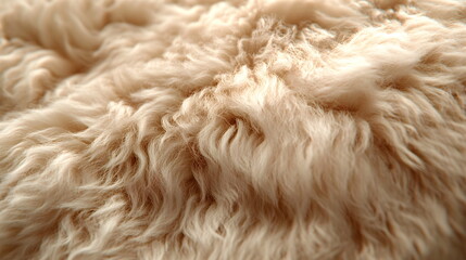 Close-up of soft, fluffy beige-milky fur texture. Cozy and bright texture image, perfect for backgrounds, clothing designs and soft textile concepts. Creates a homely atmosphere. 