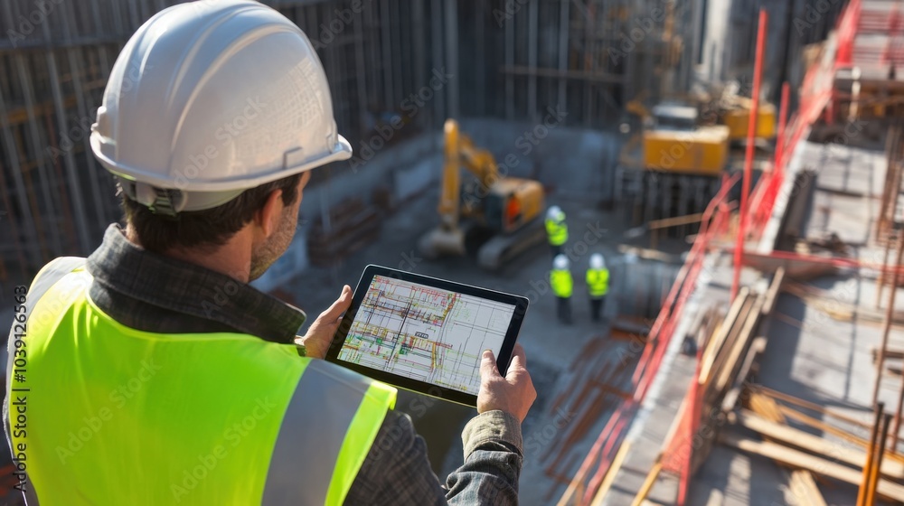 Poster A site engineer in a reflective vest and hard hat, holding a digital level and standing in front of construction equipment, Construction site scene