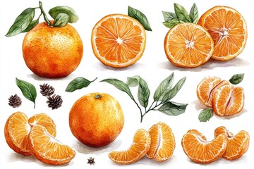 Obraz premium Watercolor painting of oranges and tangerines. Perfect for illustrating recipes, healthy eating, or citrus fruit themes.
