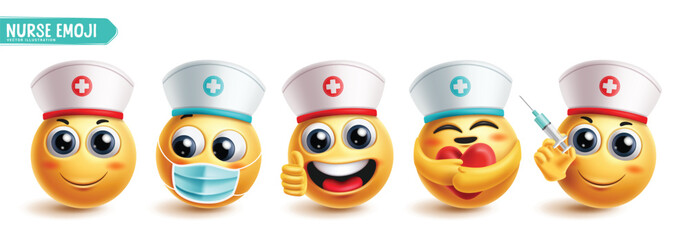 Nurse emoji character vector set. Emoticon professional 3d characters like nurse, doctor and medical professional yellow icon collection. Vector illustration emojis hospital profession set. 
