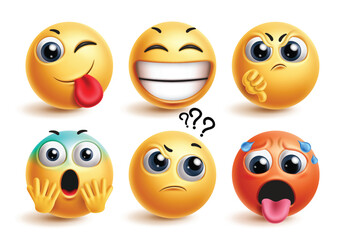Emojis emoticon set vector. Emoticons emoji characters in happy, funny, angry, disappointed, shocked and asking facial expression in white background. Vector illustration yellow and red round emoticon
