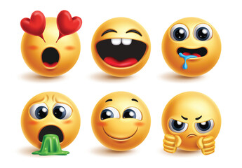 Emojis characters vector set. Emoji emoticons character in obsessed, happy, hungry, vomit and shy facial expression yellow icon elements. Vector illustration emojis design collection.
