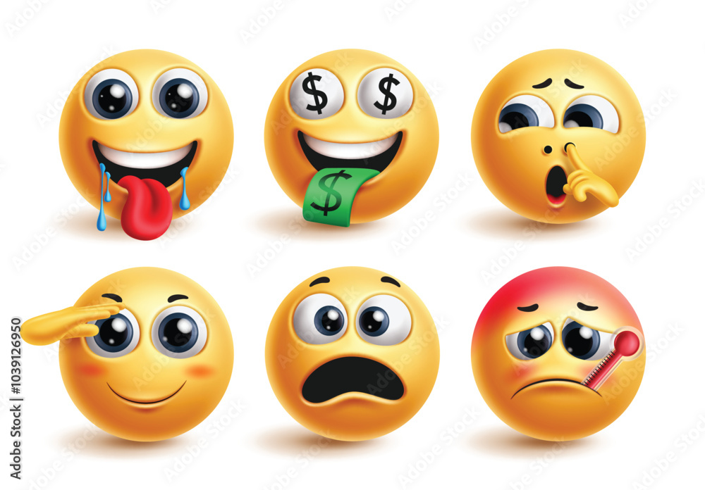 Wall mural emoji emoticon vector set. emojis emoticon facial expression in hungry, rich, bored, salute, hushes 