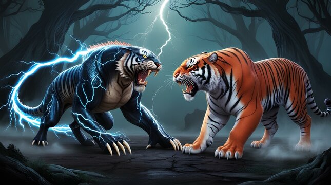 Clash of Titans: Electrified Hybrid Beast Faces Off Against a Powerful Natural Tiger in a Dark, Mysterious Forest, Charged with Tension and Lightning Before an Epic Battle Unfolds