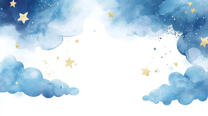 A dreamy watercolor border with soft clouds and starry night motifs