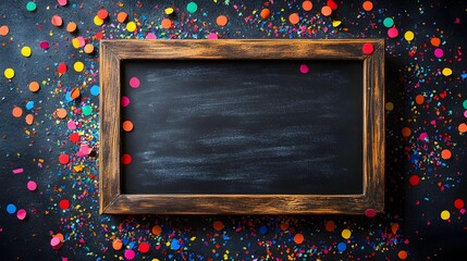 Slate board framed by colorful confetti on a dark minimalist background, ample space for custom text, festive and versatile layout