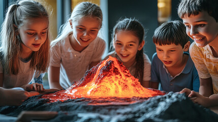 A group of kids gathered around a model volcano with lava flowing