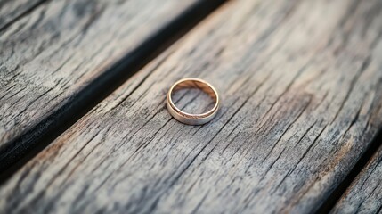 A wedding ring placed on a wooden surface, embodying the concept of commitment and partnership in modern society, Modern lifestyle scene