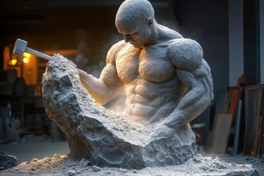 Personal mastery: human sculpture emerging from stone, illustrating journey of self creation through dedication, effort, emphasizing transformative power of shaping one own identity.