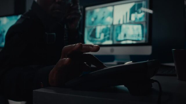 Close-up shot of landline phone on desk in control room of shopping or business centre, and hand of male security guard picking up receiver and calling colleagues to report abnormal customer behavior