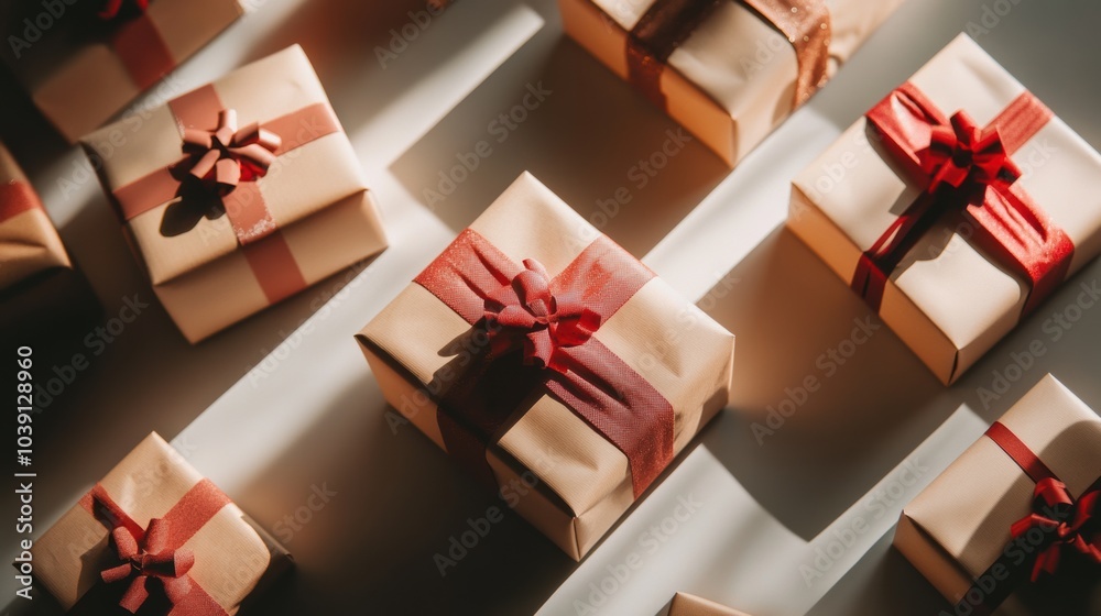 Poster colorful gift boxes with ribbons create a charming pattern against a soft background, ideal for cele