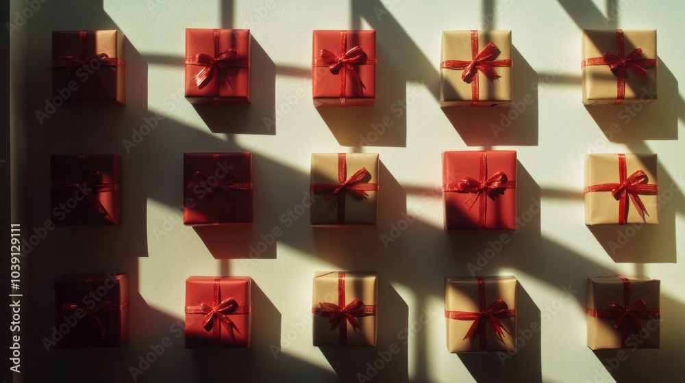 Poster Wrapped gift boxes with bows cast intriguing shadows, creating a visual display on a soft-colored background. Generative AI