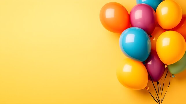 Bright balloons in vibrant colors floating against a pastel background with ample text space, celebration theme. bunch of balloons, party decor