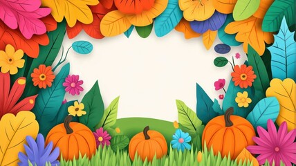 Fototapeta premium Enchanted garden in autumn with pumpkins and flowers flat design top view whimsical theme cartoon drawing.