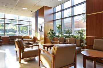 Fototapeta premium Cozy and Inviting Modern Hospital Waiting Area with Earthy Brown Furnishings and Natural Decor