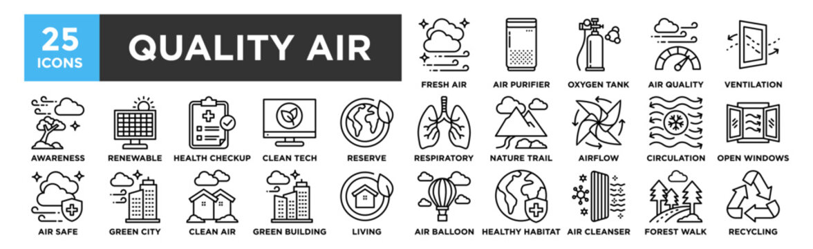 Quality Air icon collection set. Containing design environment, pollution, quality, smog, dust, health, nature