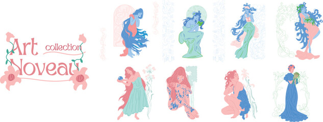 Collection of illustrations featuring women adorned with floral designs in Art Nouveau style, pastel tones, editable vector format