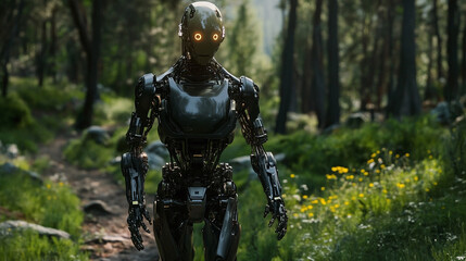 Fototapeta premium Cyborg taking a stroll in a nature reserve