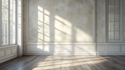 Sunlight streams through windows in a classic white room, casting long shadows on the hardwood floor.