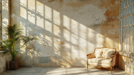 A  white, vintage sofa sits in a room with large windows and soft sunlight streaming through.