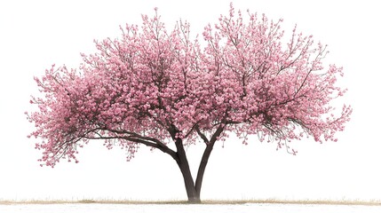 Naklejka premium Gorgeous cherry tree with tender, pink blossoms, each flower in full bloom, set against a pure white backdrop, capturing the calm and beauty of spring